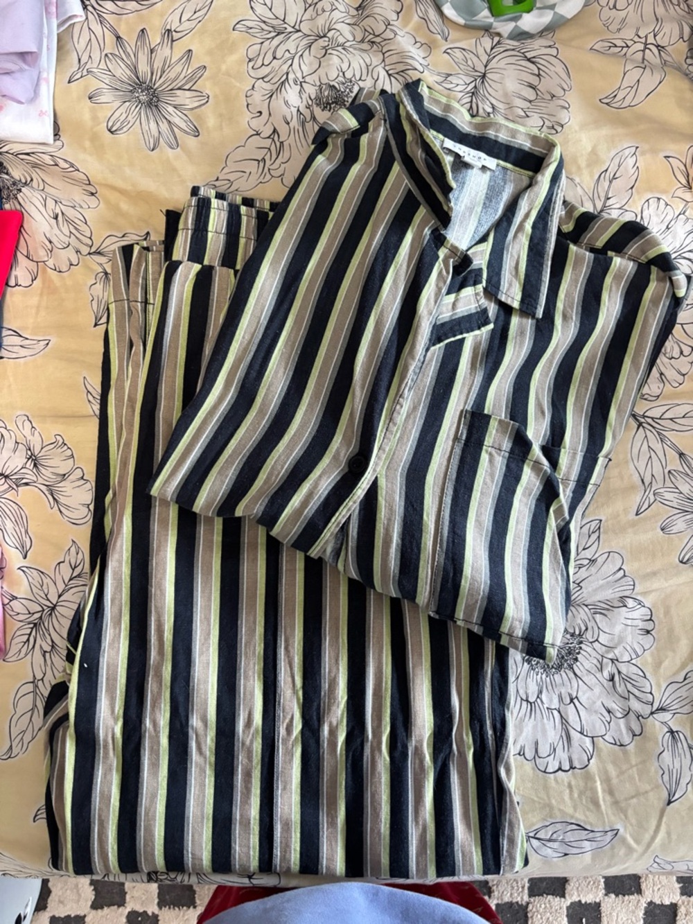 Striped Two-Piece Loungewear Top Shop Set in Black and Olive